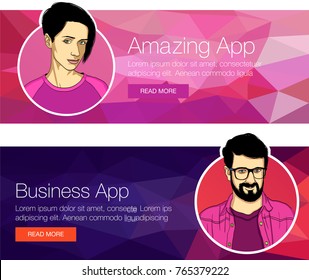 Vector banner with faces of guy and girl. Bright and colorful abstract web banner template

