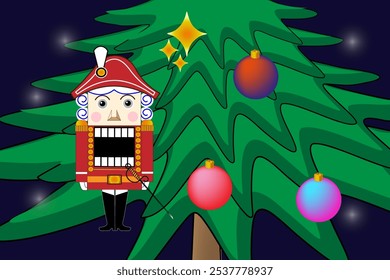 Vector banner with fairytale characters The Nutcracker, the ballerina, Christmas tree toys on the Christmas tree. A Christmas tale for children. Merry Christmas and New Year greeting postcard. 