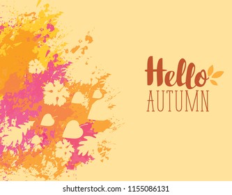 Vector banner with fall leaves, colored abstract spots and inscription Hello Autumn. Can be used for posters, invitations, labels, flyers