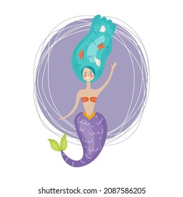 Vector banner with a fantastic mermaid with turquoise hair in cartoon style.