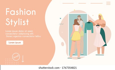 Vector banner of fashion stylist concept. Personal stylist chooses outfits for female client. Woman buys clothes in boutique. Clothes designer at dressing room. Character illustration of shopping