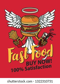 Vector banner for fast food with Burger, French fries and cola in retro style. Pop art illustration of a Burger with wings and paws on a red background. Fast food, healthy and unhealthy food