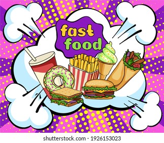 Vektorbanner mit Fastfood: Milchshake, Cupcakes, Hamburger, Pommes frites. Pop Art Stil. rosafarbener Hintergrund