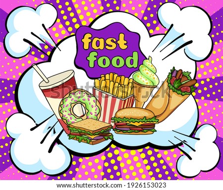 Vector banner with fast food: milkshake, cupcake, hamburger, french fries. Pop art style. Pink background