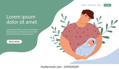 Vector banner for father's day. Father with newborn son on his hands. Vector illustration