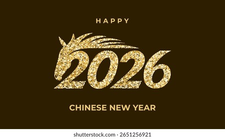 Um banner vetorial com uma saudação dourada brilhante de 2026, celebrando o Ano Novo Chinês e o Ano do Cavalo. Um tradicional design de horóscopo lunar asiático com um toque asiático elegante.