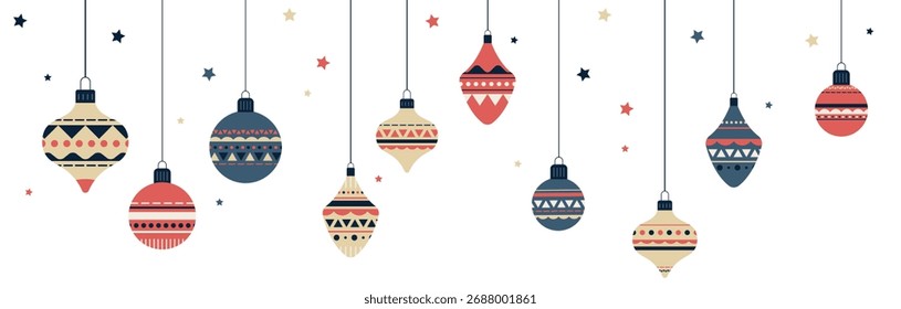 Vector banner featuring hanging Christmas garlands with colorful baubles, stars, and snowflakes. Festive and elegant holiday design, perfect for greeting cards, posters, invitations, website banners