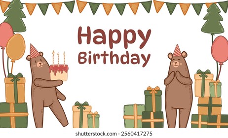 Vector banner featuring a happy bear in a party hat with gifts, balloons, and cake. Forest-themed design includes candles and colorful flags. Perfect for surprise birthday and festive decorations