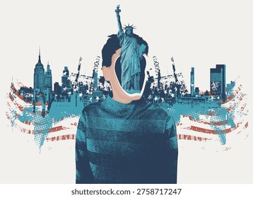 Vector banner featuring a human figure with the New York Statue of Liberty as a face against a backdrop of a cityscape and the American flag. Concept on the theme of the United States, the relationship between the individual and the state, the city, and the individual. Urbanism, graffiti, and street art.
