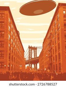 Anuncio de Vector que presenta la Nueva ciudad de York, el puente de Manhattan, el paisaje urbano, los edificios y un OVNI de platillo volador o nave espacial en el cielo. Diseño para una camiseta, letrero turístico o postal de viaje. Sin ayuda