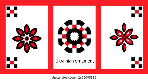 Anuncio de Vector con tres patrones tradicionales de adornos ucranianos en rojo, negro y blanco, con texto de "adorno ucraniano". Ideal para eventos culturales y Diseño web.