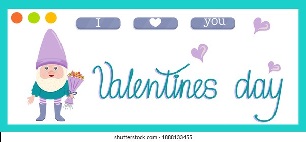 Vector banner for February 14-Valentines Day isolated on white background in cartoon style. Lettering, hearts, a gnome with a bouquet of flowers for website design.