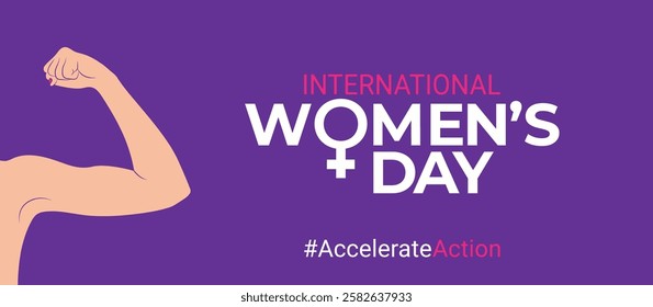 The vector banner with a female, flexed-arm Venus symbol and text. The feminism holiday: campaign #AccelerateAction. International Women's Day 2025. highlighting a female-focused holiday for 8 March.
