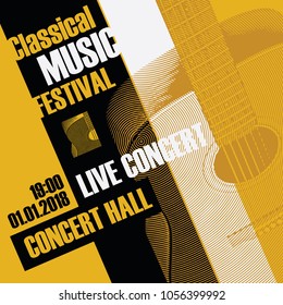 Vector banner for festival of classical music with a guitar in retro style on amber background