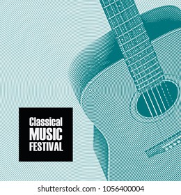 Vector banner for festival of classical music with a guitar in retro style on emerald background