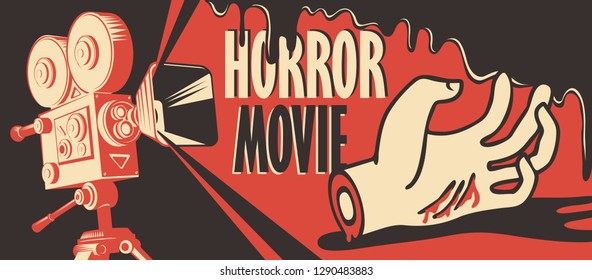 Vector banner for festival horror movie. Illustration with old film projector and a severed hand in a puddle of blood. Scary cinema. Horror film night. Can be used for ad, banner, flyer, web design