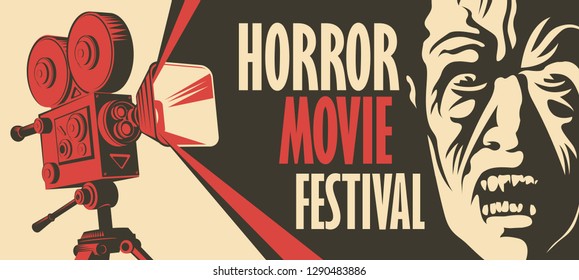 Vector banner for a festival horror movie. Illustration with old film projector and face of a creepy zombie. Scary cinema. Horror film night. Can be used for advertising, banner, flyer, web design