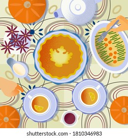 Vector banner with a festive table. On the table are pumpkin pie, salad, pumpkin, teapot, cups of tea, flowers in a vase. National traditional seasonal dishes for North American holidays.