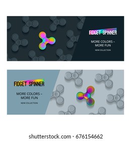 Vector Banner with Fidget Spinner. Anti Stress EDC Rainbow Gradient Metal Toy. Advertisement Illustration with Popular Game for Relaxing, Tricks and Improvement of Attention Span.