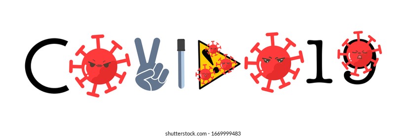 Vector banner of fight covid-19 corona virus. Emotional face, waring sing yellow black and science tube with fighting hand sign or v victory, cute kawaii cartoon 