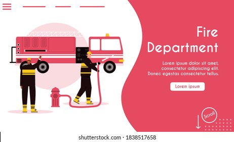Vector banner of Fire department concept. Firefighters team with fire truck, fireman in protective clothing holding hydrant hose. Character illustration of profession saving lives in emergency