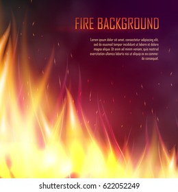 Vector banner with fire. Fiery banner design template. Realistic bright blazing campfire effect. Flaming bonfire illustration isolated on dark background.