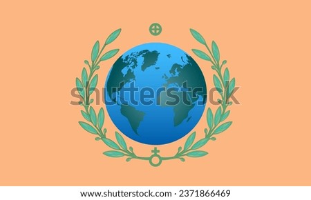 Vector banner. Flag of planet Earth in green branches on a light orange background. Astrological sign. Flag and heraldry.