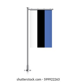 Vector banner flag of Republic of Estonia hanging on a silver metallic pole. Estonia vertical flag template isolated on a white background.