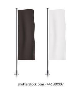 Vector banner flags. Set of black and white vertical flag templates. Flags realistic mockup.