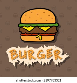 Vector banner in a flat burger style with text and shadows on a pattern background.