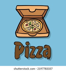 Vector banner in a flat pizza style in a box with text shadow on a blue background.