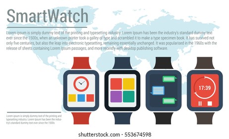 Vector banner with flat smart watches on globe map with lorem text for your presentation or advertising new devices. Illustration clock with different applications on monitors