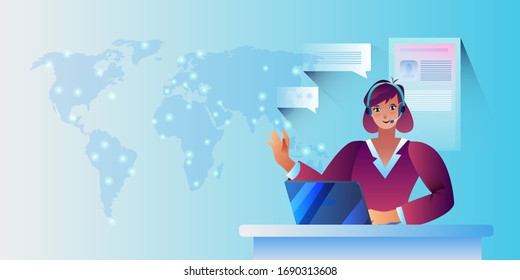 Vector banner in flat style with female customer support representative in headset, map of the world, laptop. Call center concept with smiling young woman behind the desk in trendy blue colors. 