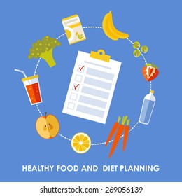 Vector banner in flat style - Healthy food and Diet planning, diet, food