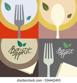 Vector Banner in Flat Style for Restaurant, Cafe and Bistro. Colorful Backgrounds with Cutlery and Dish. Bon Appetit Hand Lettering Logo