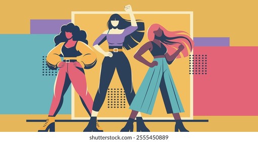 Vector banner, flat style, team of different women symbolize strength, unity and movements for gender equality, women empowerment on bright background. Women's community, sisterhood, activists togethe