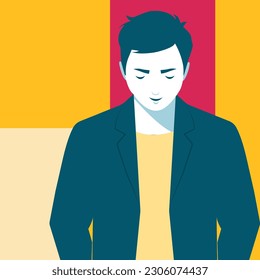 Vector banner in flat style with a young handsome man in a suit. The illustration elements are isolated from each other, there is a place for text on the background.
