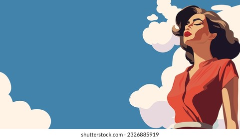 Vector banner flat vintage retro pinup girl brunette on vacation outdoors clouds sky 70s 80s retro banner tourism