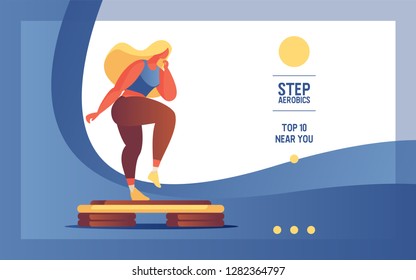 Vector banner with flat woman character doing step aerobics. Blue vivid gradients, rich colors, template good for sport vlog, fitness school or studio