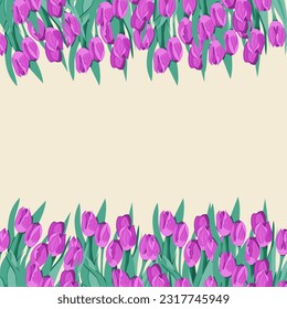 Vector banner with floral frame template. Isolated flat purple tulips. Horizontal composition with text space on beige background. Wedding invitation floral design, web banner for sales or discounts