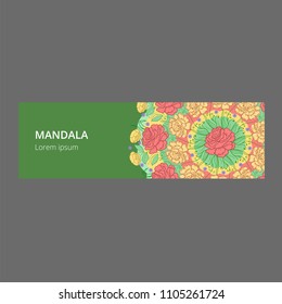 Vector banner with floral ornament. Rose, tulip, leaf. Circular ornament.