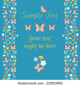 Vector banner with flowers and butterflies and plenty space for text on cyan background