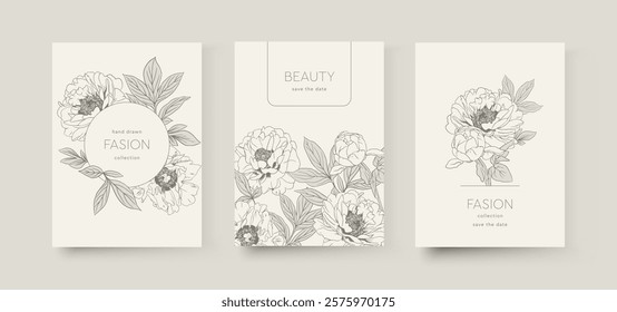 Vector banner with flowers, peonies, leaves on background. Exotic design for fashion magazine cover, cosmetics packaging, spa, beauty salon flyer, travel agency, wedding invitation