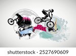 Vector banner or flyer with cyclist on the bike. Abstract poster of BMX competitions sport template.