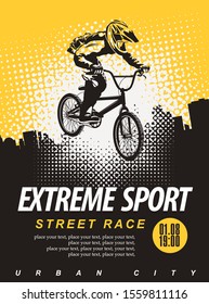 Vector banner or flyer with cyclist on the bike and words Extreme sport on the urban background. Poster for street race, bicycle club, extreme sports in modern style with place for text