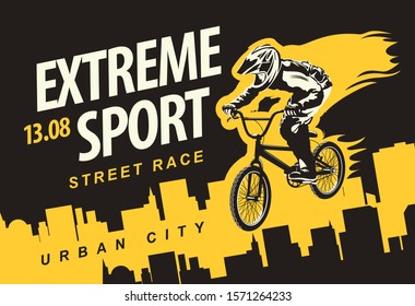 Vector banner or flyer with cyclist on the bike and words Extreme sport on the urban background. Poster for street race, bicycle club, extreme sports in modern style