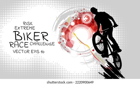 Vector banner or flyer with cyclist on the bike. Abstract poster of BMX competitions sport template