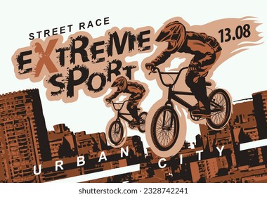 Vector banner or flyer with cyclist on the bike and words Extreme sport on the urban background. Poster for street race, bicycle club, extreme sports in modern style