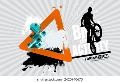 Vector banner or flyer with cyclist on the bike. Abstract poster of BMX competitions sport template.