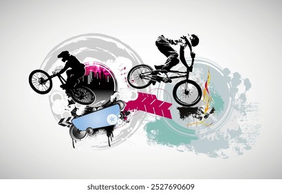 Vector banner or flyer with cyclist on the bike. Abstract poster of BMX competitions sport template.